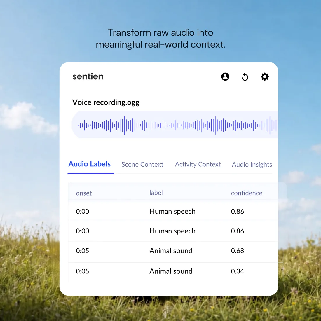 Sentien listing detected audio labels for a recording, each with an onset time and a confidence score.