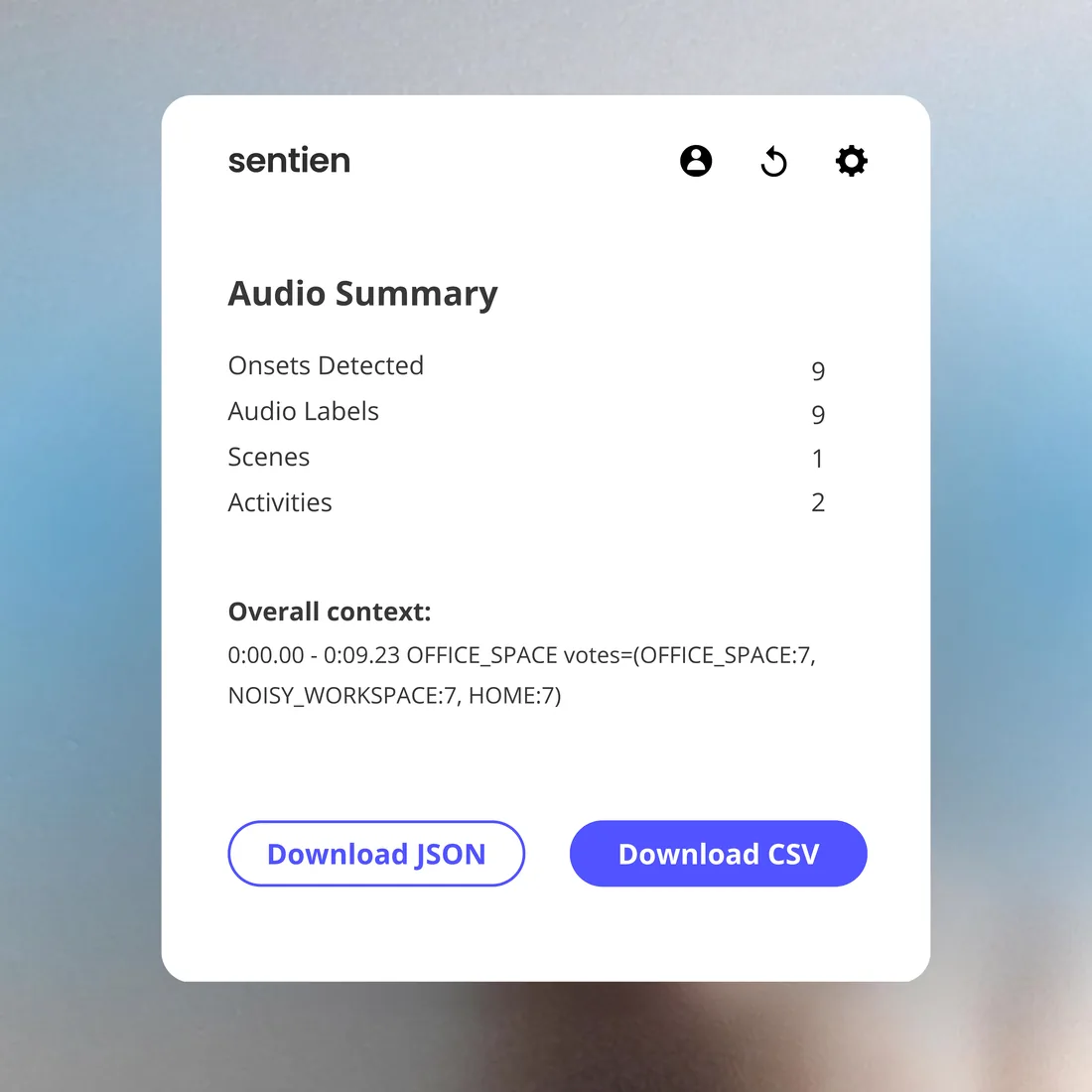 Sentien's audio summary, counting detected onsets, labels, scenes and activities, with buttons to download the result as JSON or CSV.
